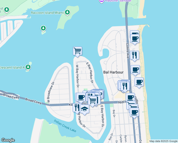 map of restaurants, bars, coffee shops, grocery stores, and more near 1077 101st Street in Bay Harbor Islands