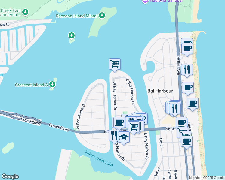 map of restaurants, bars, coffee shops, grocery stores, and more near 10161 East Broadview Drive in Bay Harbor Islands