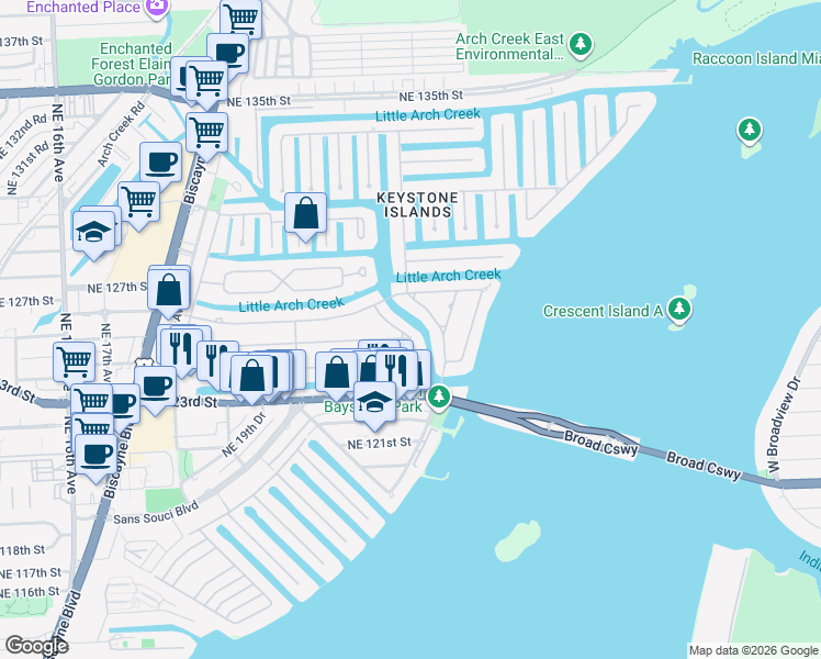 map of restaurants, bars, coffee shops, grocery stores, and more near 2190 Alamanda Drive in North Miami