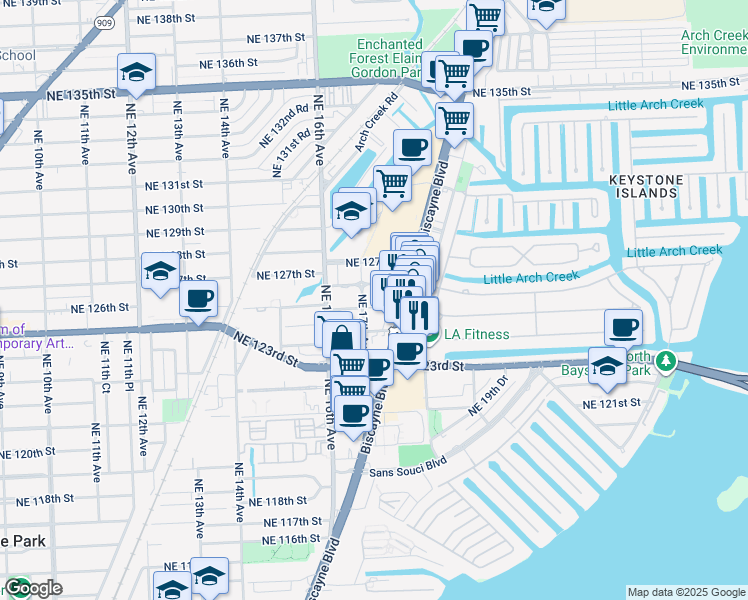 map of restaurants, bars, coffee shops, grocery stores, and more near 1704 Northeast 125th Street in North Miami