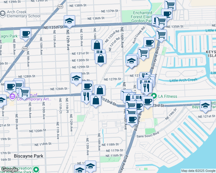 map of restaurants, bars, coffee shops, grocery stores, and more near 1470 Northeast 125th Terrace in North Miami