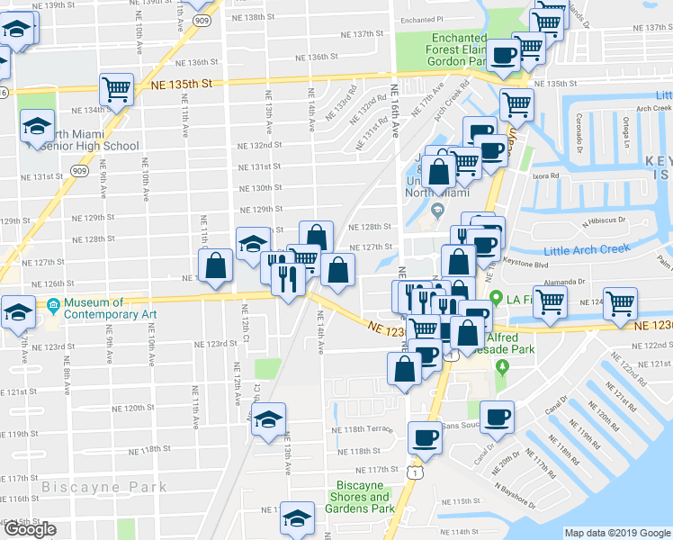 map of restaurants, bars, coffee shops, grocery stores, and more near 1470 Northeast 125th Terrace in North Miami