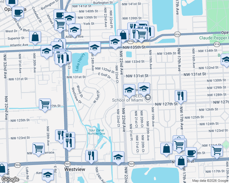 map of restaurants, bars, coffee shops, grocery stores, and more near 12821 East Golf Drive in Miami