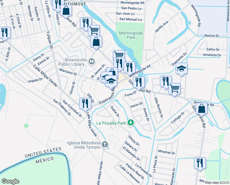 map of restaurants, bars, coffee shops, grocery stores, and more near 213 Esperanza Road in Brownsville
