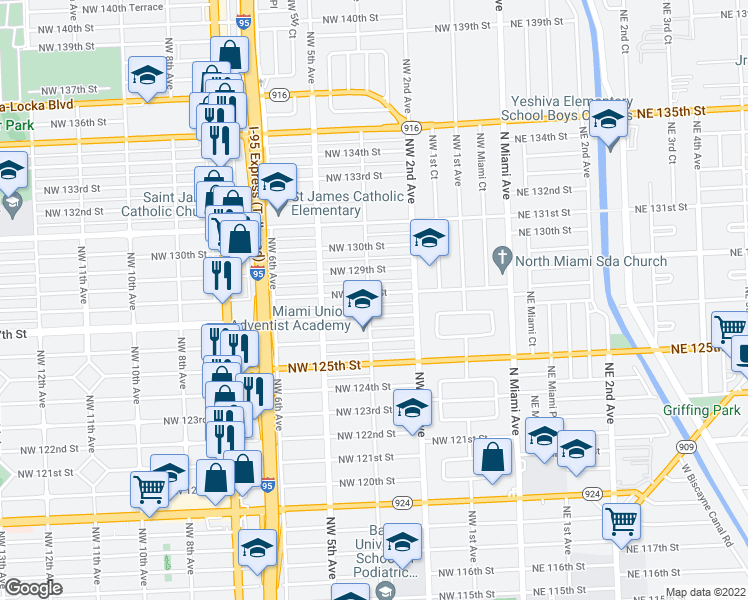 map of restaurants, bars, coffee shops, grocery stores, and more near 12755 Northwest 4th Avenue in North Miami