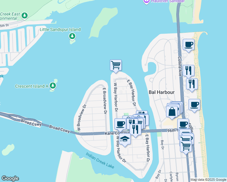map of restaurants, bars, coffee shops, grocery stores, and more near 10140 West Bay Harbor Drive in Bay Harbor Islands