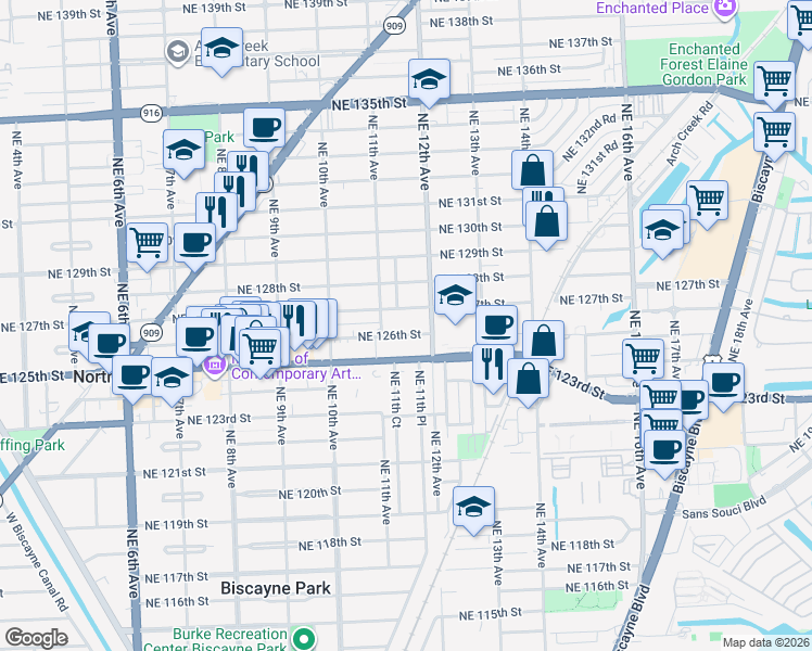 map of restaurants, bars, coffee shops, grocery stores, and more near 1174 Northeast 126th Street in North Miami