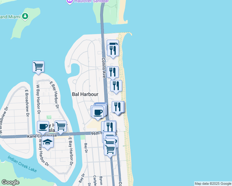 map of restaurants, bars, coffee shops, grocery stores, and more near 9909 Collins Avenue in Bal Harbour