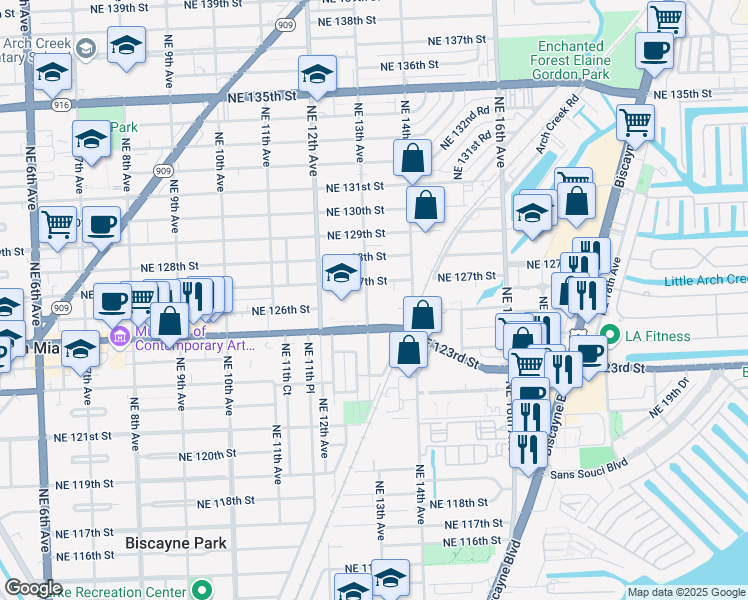 map of restaurants, bars, coffee shops, grocery stores, and more near 12605 Northeast 13th Avenue in North Miami