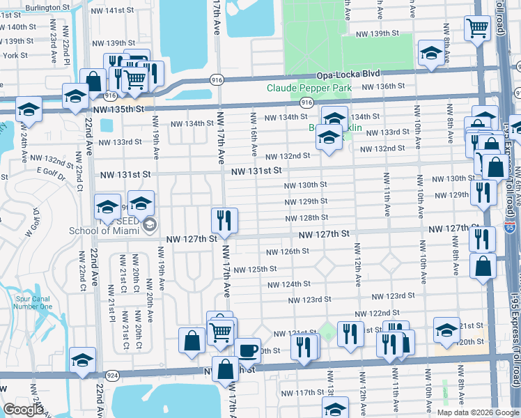 map of restaurants, bars, coffee shops, grocery stores, and more near 1575 Northwest 128th Street in North Miami