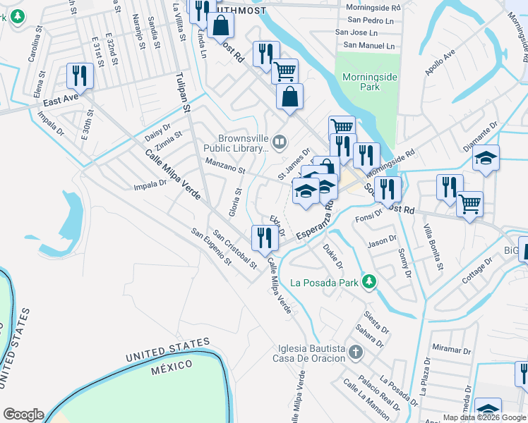 map of restaurants, bars, coffee shops, grocery stores, and more near 234 Elda Dr in Brownsville