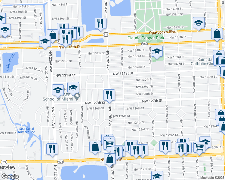 map of restaurants, bars, coffee shops, grocery stores, and more near 1680 Northwest 129th Street in Miami