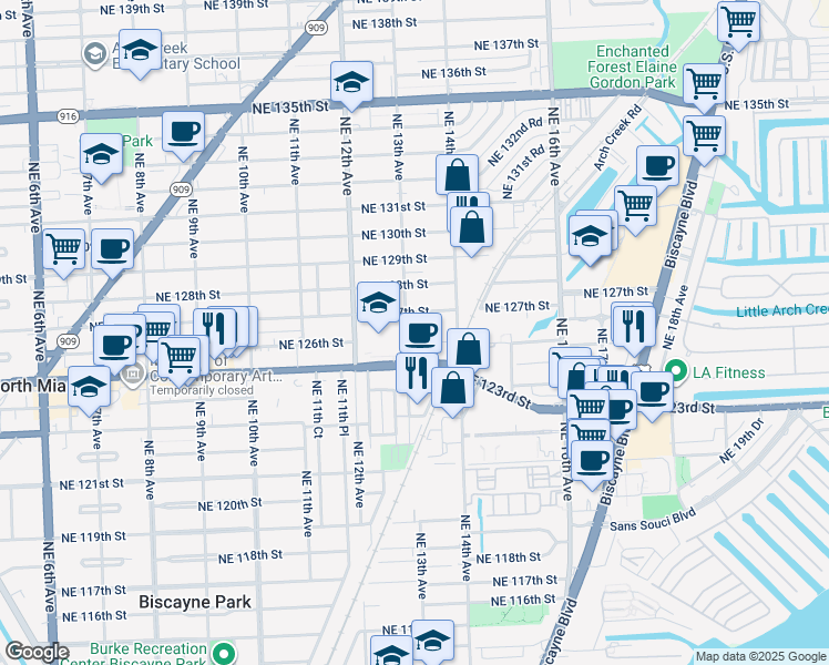 map of restaurants, bars, coffee shops, grocery stores, and more near 12501 Northeast 13th Avenue in North Miami
