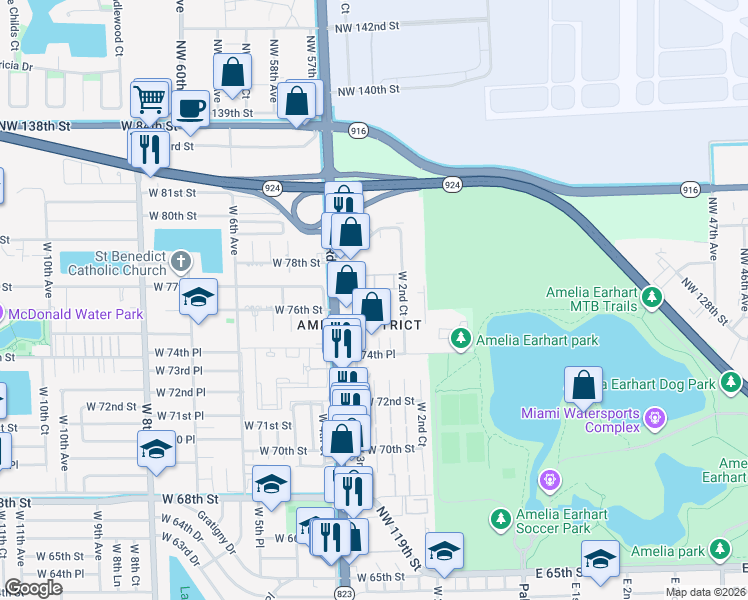 map of restaurants, bars, coffee shops, grocery stores, and more near 335 West 75th Place in Hialeah