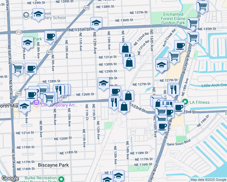 map of restaurants, bars, coffee shops, grocery stores, and more near 12501 Northeast 13th Avenue in North Miami
