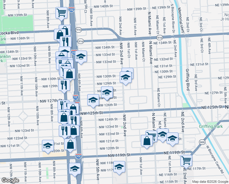 map of restaurants, bars, coffee shops, grocery stores, and more near 225 Northwest 127th Street in North Miami