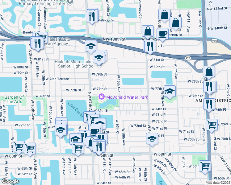 map of restaurants, bars, coffee shops, grocery stores, and more near 1005 West 76th Street in Hialeah