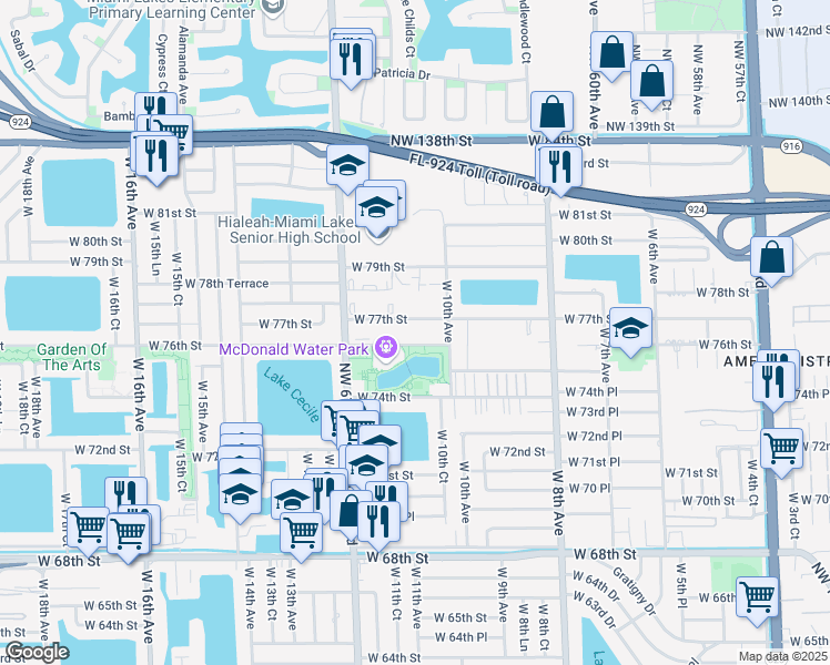 map of restaurants, bars, coffee shops, grocery stores, and more near 1065 West 76th Street in Hialeah