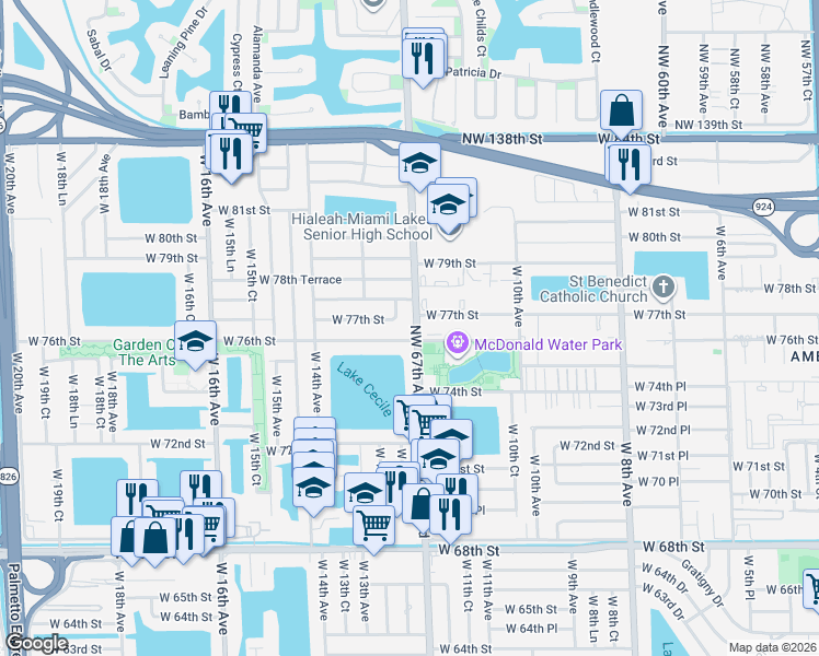 map of restaurants, bars, coffee shops, grocery stores, and more near 1214 West 76th Street in Hialeah