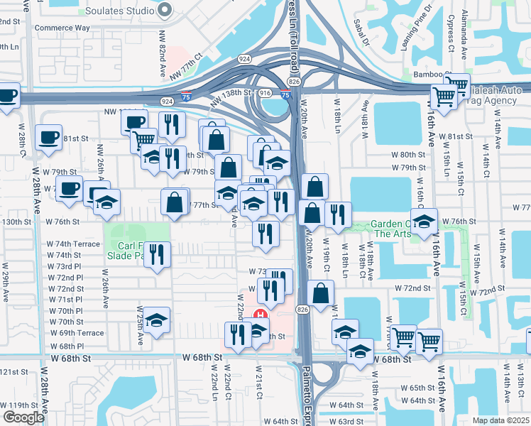 map of restaurants, bars, coffee shops, grocery stores, and more near 2093 West 76th Street in Hialeah