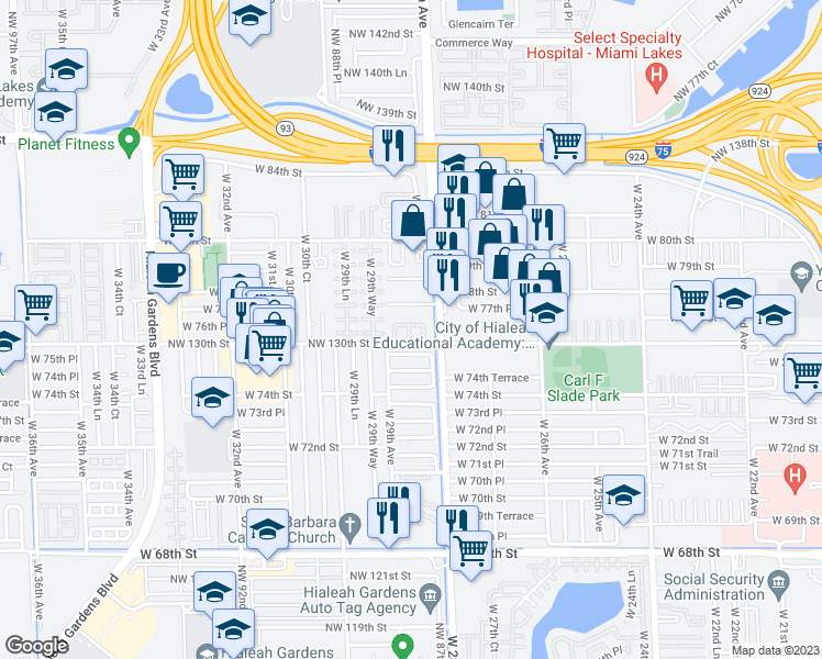 map of restaurants, bars, coffee shops, grocery stores, and more near 2875 West 75th Terrace in Hialeah