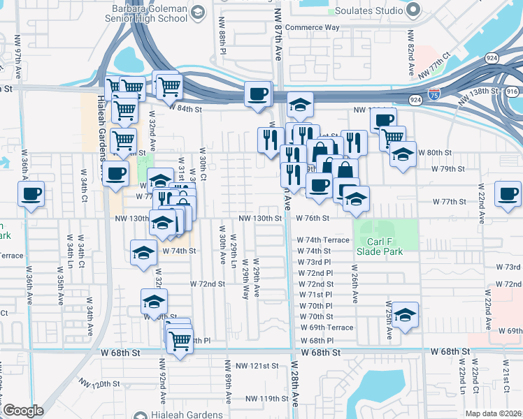 map of restaurants, bars, coffee shops, grocery stores, and more near 2875 West 75th Terrace in Hialeah
