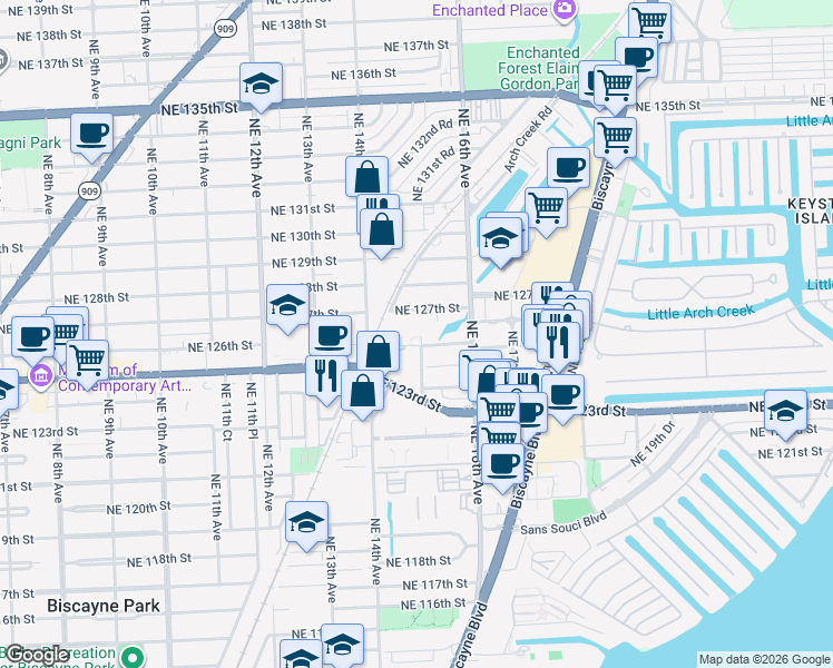 map of restaurants, bars, coffee shops, grocery stores, and more near 1470 Northeast 125th Terrace in North Miami