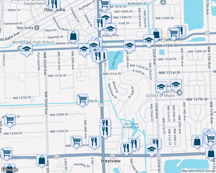 map of restaurants, bars, coffee shops, grocery stores, and more near 12900 Westview Drive in Miami