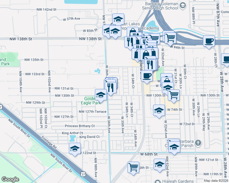 map of restaurants, bars, coffee shops, grocery stores, and more near 7663 West 36th Avenue in Hialeah