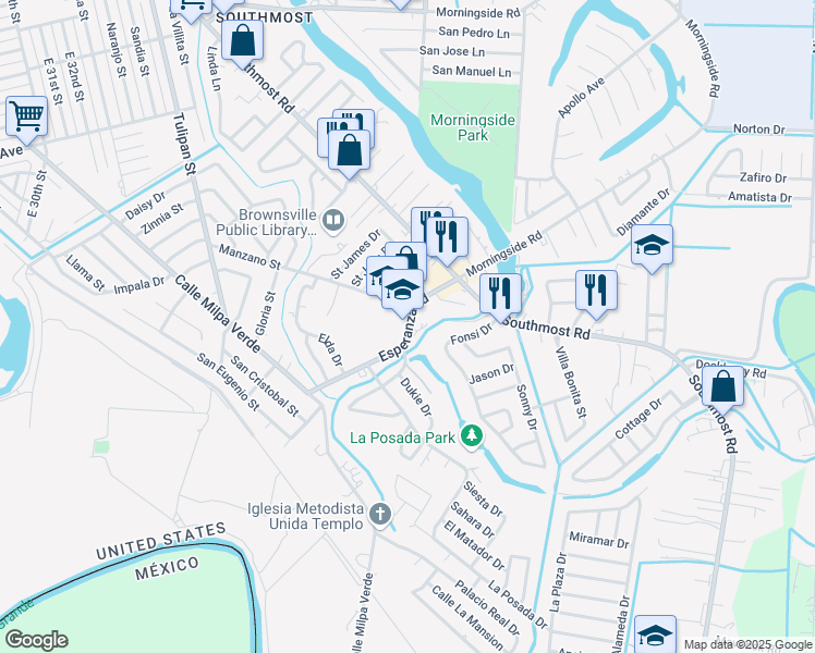 map of restaurants, bars, coffee shops, grocery stores, and more near 200 Esperanza Road in Brownsville
