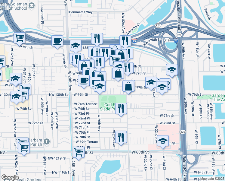 map of restaurants, bars, coffee shops, grocery stores, and more near 2589 West 76th Street in Hialeah
