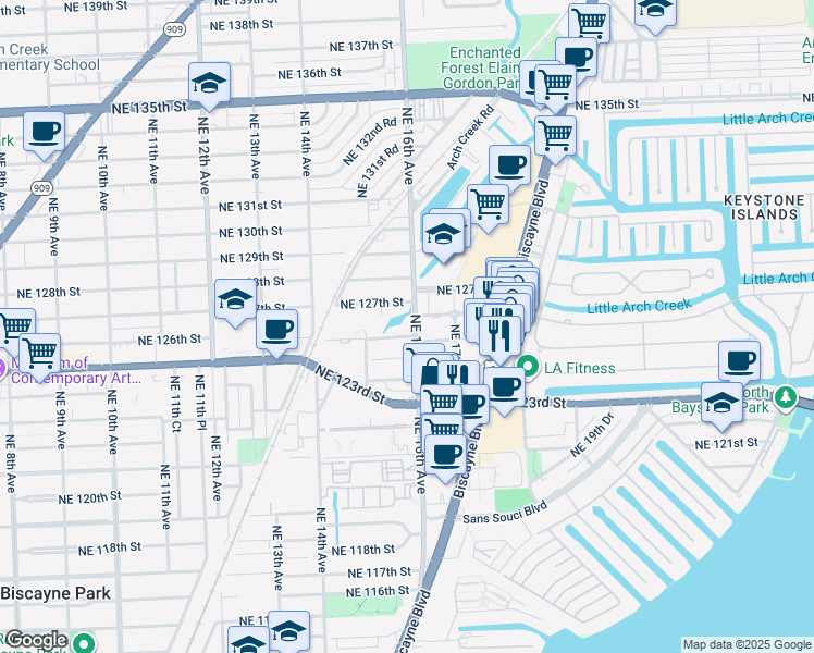 map of restaurants, bars, coffee shops, grocery stores, and more near 1620 Northeast 125th Street in North Miami