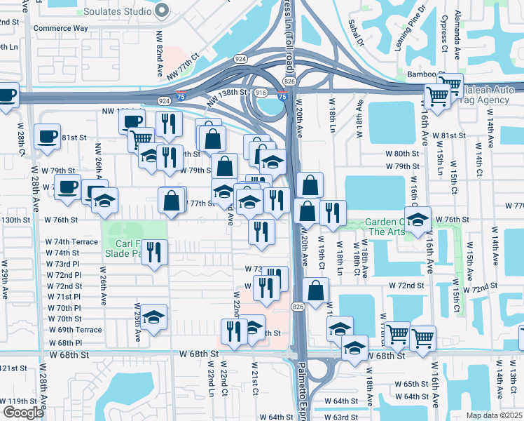 map of restaurants, bars, coffee shops, grocery stores, and more near 2093 West 76th Street in Hialeah