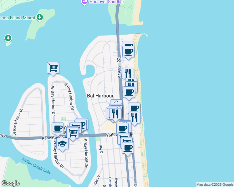 map of restaurants, bars, coffee shops, grocery stores, and more near 9930 Collins Avenue in Bal Harbour