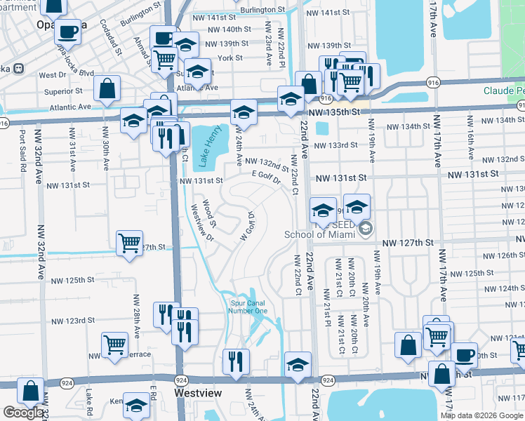 map of restaurants, bars, coffee shops, grocery stores, and more near 12601-12899 W Golf Dr in Miami