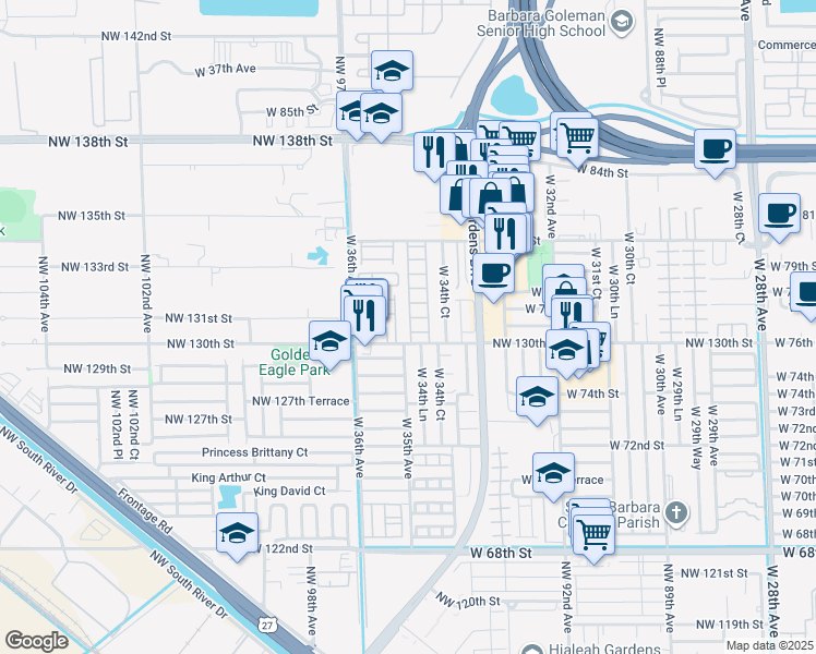 map of restaurants, bars, coffee shops, grocery stores, and more near 7594 West 34th Lane in Hialeah