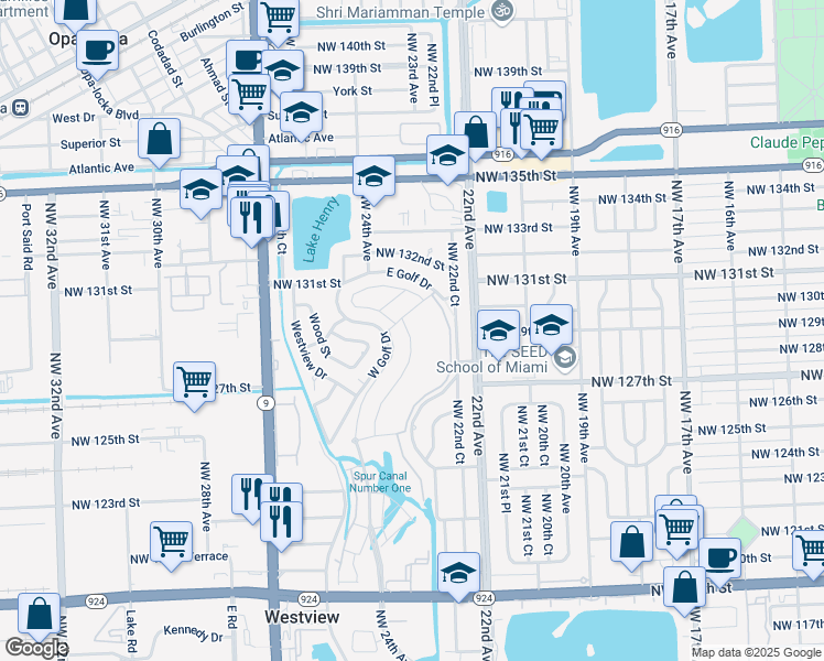 map of restaurants, bars, coffee shops, grocery stores, and more near 12601-12899 W Golf Dr in Miami