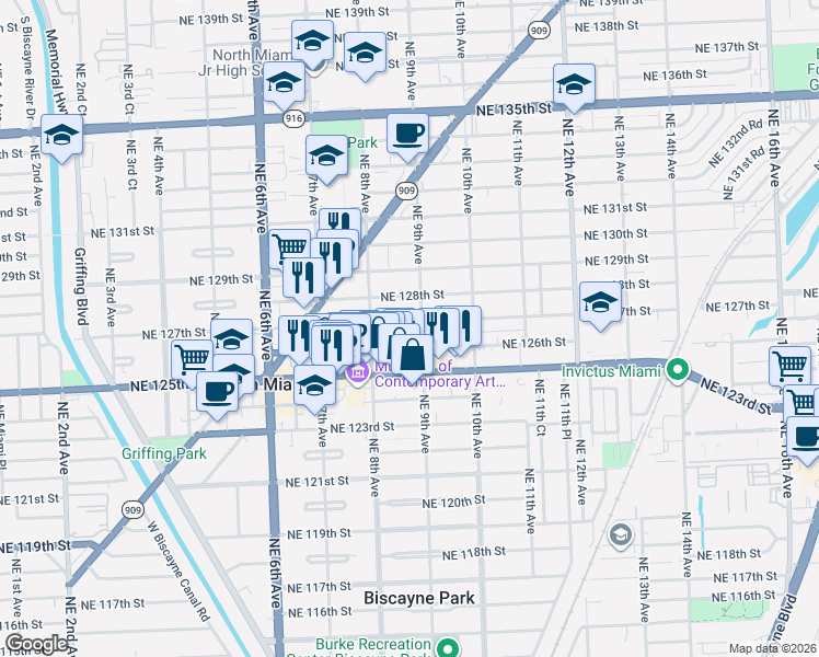 map of restaurants, bars, coffee shops, grocery stores, and more near 885 Northeast 126th Street in North Miami