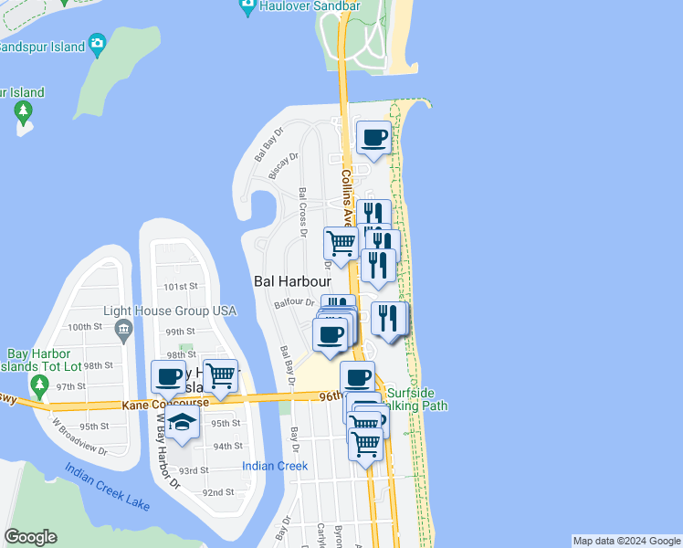 map of restaurants, bars, coffee shops, grocery stores, and more near in Bal Harbour