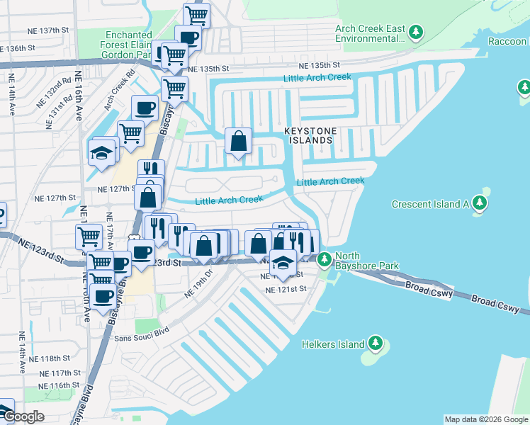 map of restaurants, bars, coffee shops, grocery stores, and more near 2075 Alamanda Drive in North Miami