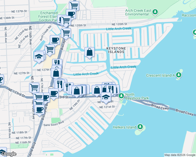 map of restaurants, bars, coffee shops, grocery stores, and more near 2075 Alamanda Drive in North Miami