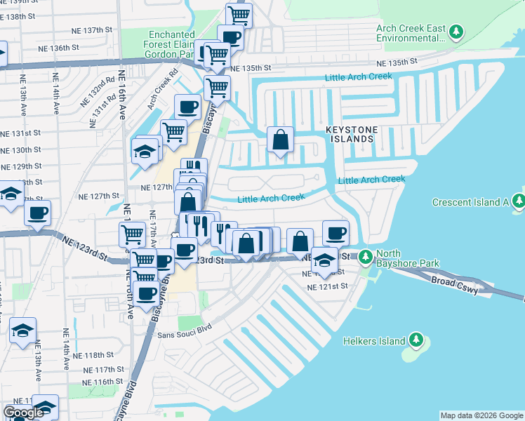 map of restaurants, bars, coffee shops, grocery stores, and more near 1955 Alamanda Drive in North Miami
