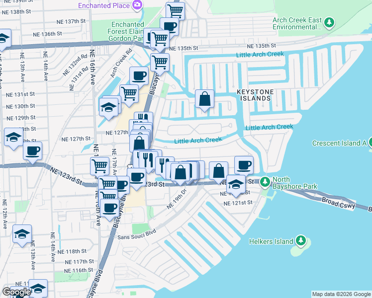 map of restaurants, bars, coffee shops, grocery stores, and more near 1955 Alamanda Drive in North Miami