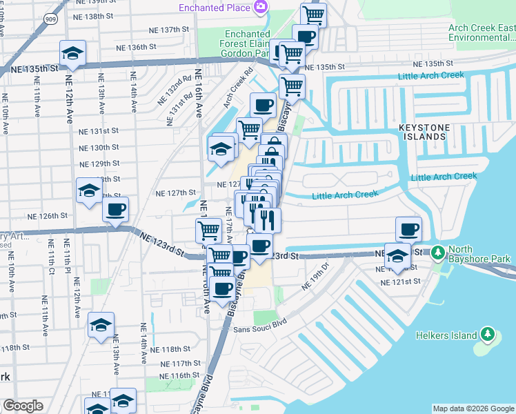 map of restaurants, bars, coffee shops, grocery stores, and more near in North Miami