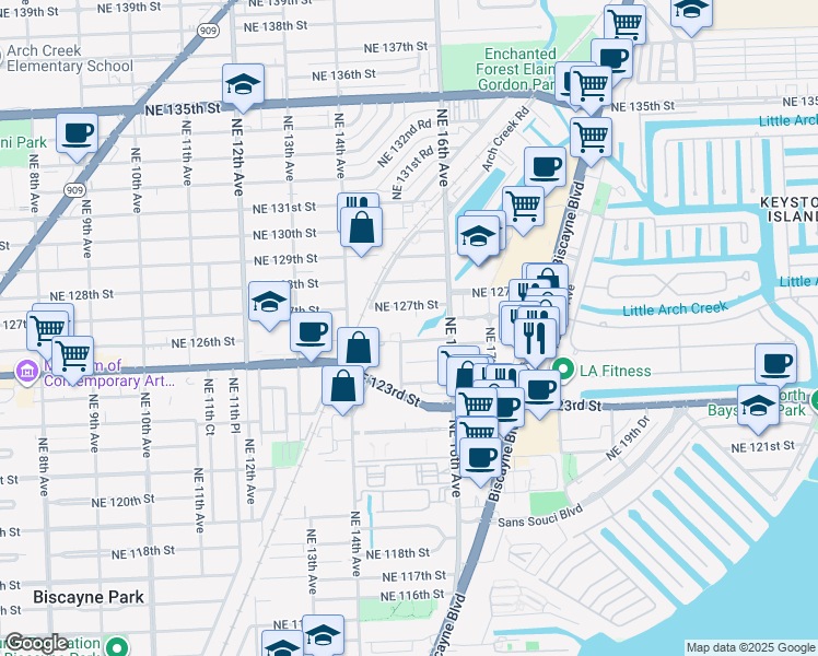 map of restaurants, bars, coffee shops, grocery stores, and more near 1530 Northeast 125th Terrace in North Miami