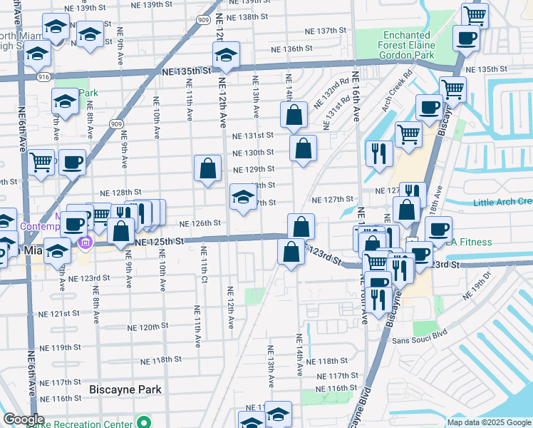 map of restaurants, bars, coffee shops, grocery stores, and more near 12501 Northeast 13th Avenue in North Miami