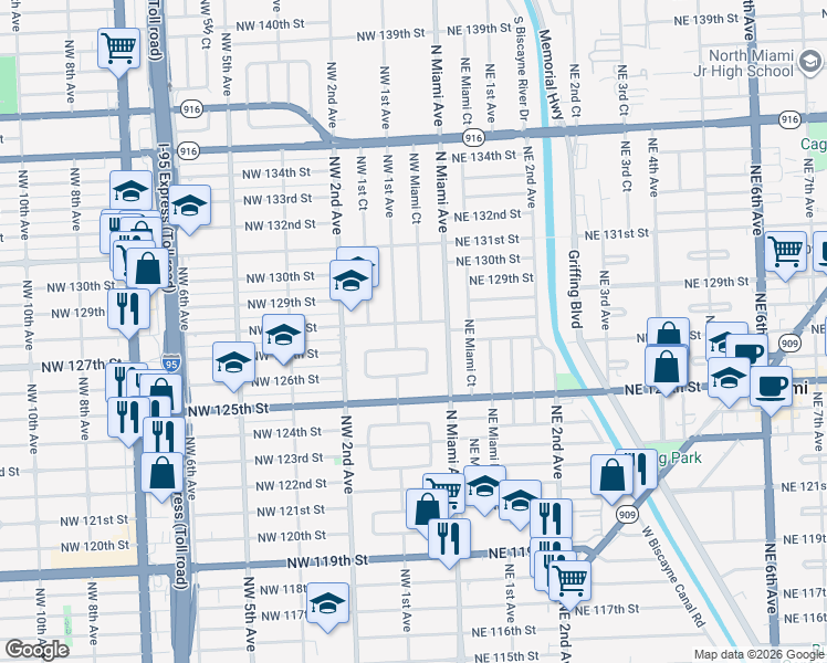 map of restaurants, bars, coffee shops, grocery stores, and more near 12705 Northwest 1st Avenue in North Miami