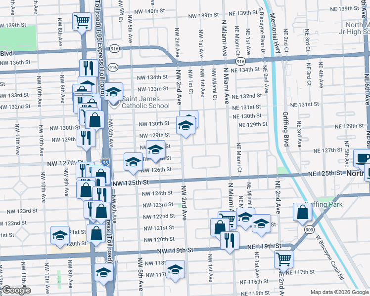 map of restaurants, bars, coffee shops, grocery stores, and more near 165 Northwest 127th Street in North Miami