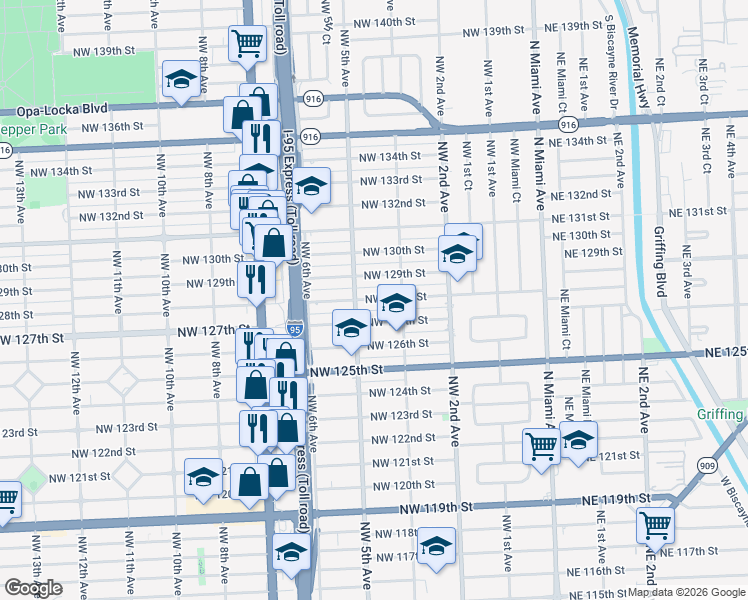 map of restaurants, bars, coffee shops, grocery stores, and more near 485 Northwest 127th Street in North Miami