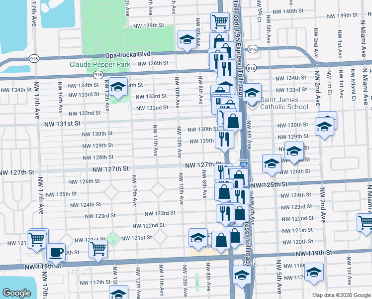 map of restaurants, bars, coffee shops, grocery stores, and more near 850 Northwest 128th Street in North Miami